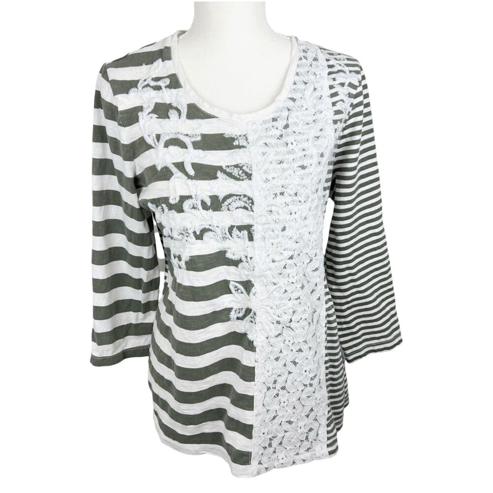 Chico's Shirt Women Large Green Striped Floral Lace Embroidered 3/4 Sleeve Top